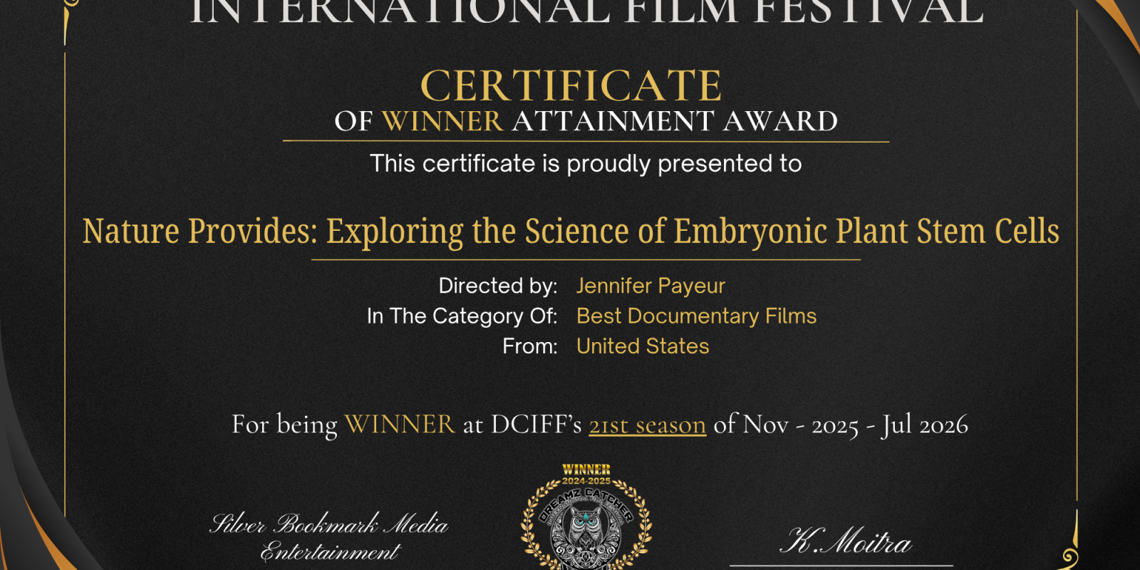Nature Provides Film on Plant Stem Cell Science Wins Best Documentary at Dreamz Catcher International Film Festival